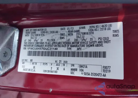 2013 Ford Escape Sel z USA, uszkodzony, nr VIN 1FMCU0HX7DUC31149